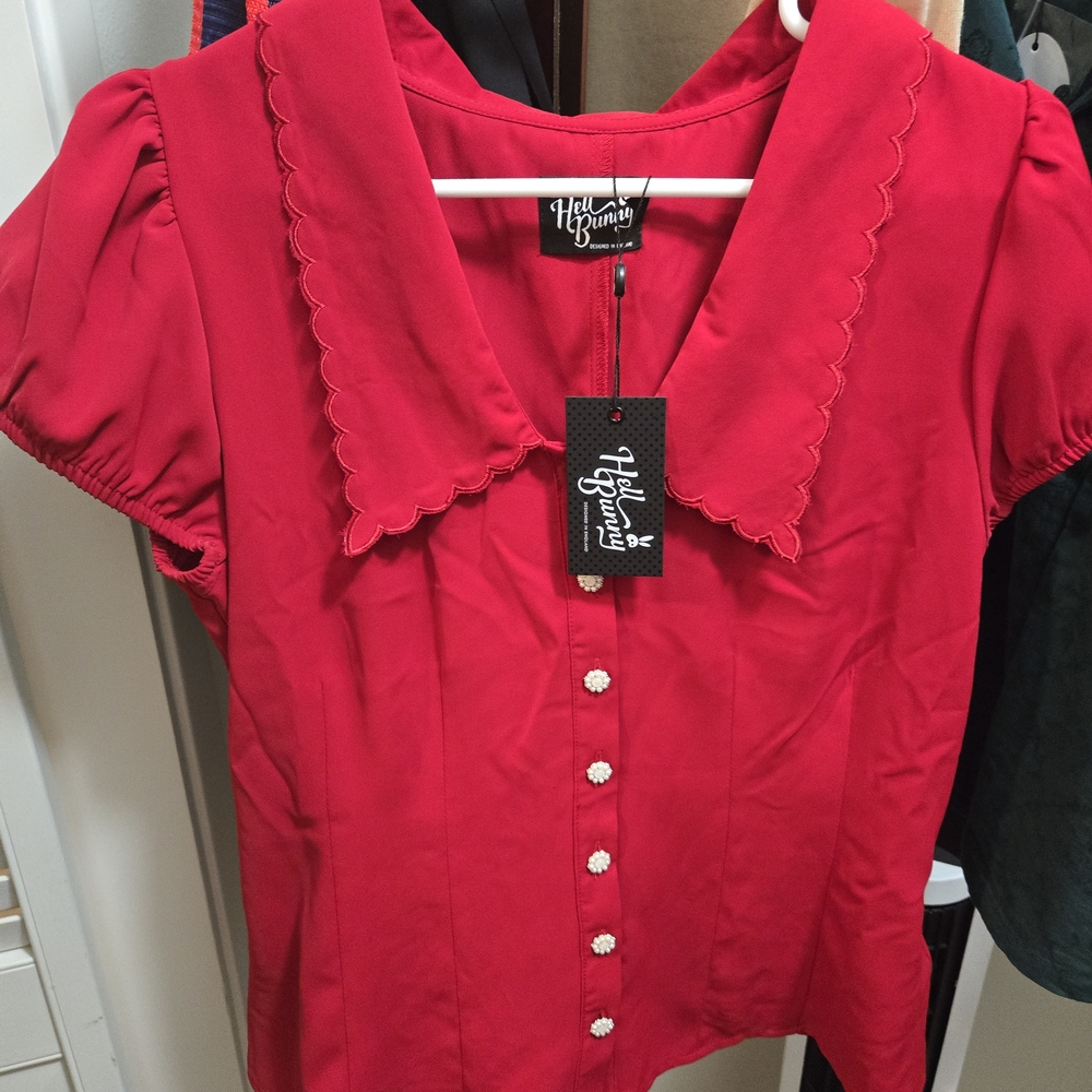 Hell Bunny Cherry Red Scalloped Blouse - Picture 3 of 6